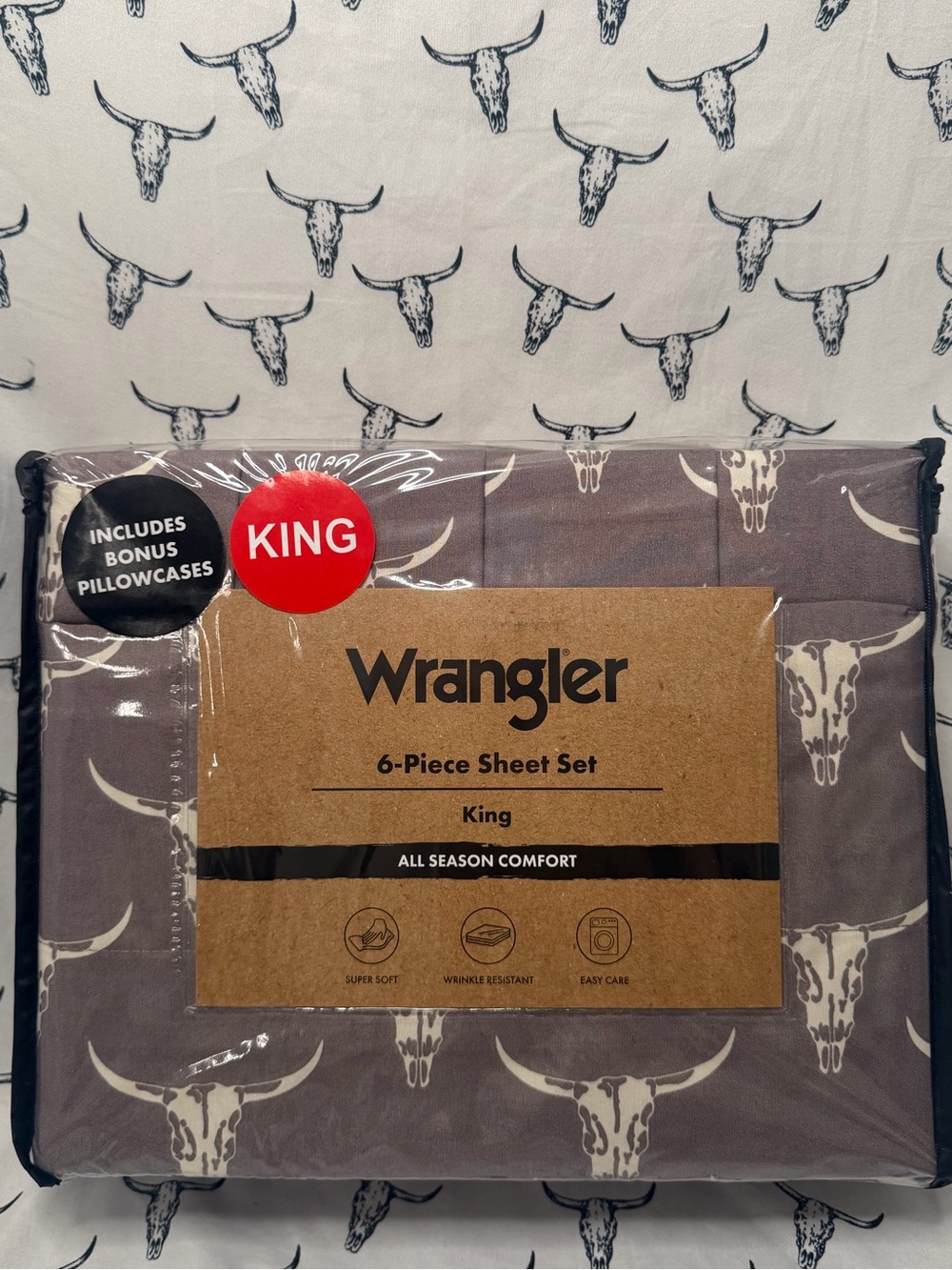 Wrangler King Sheet Set in Taupe with White Skull Print